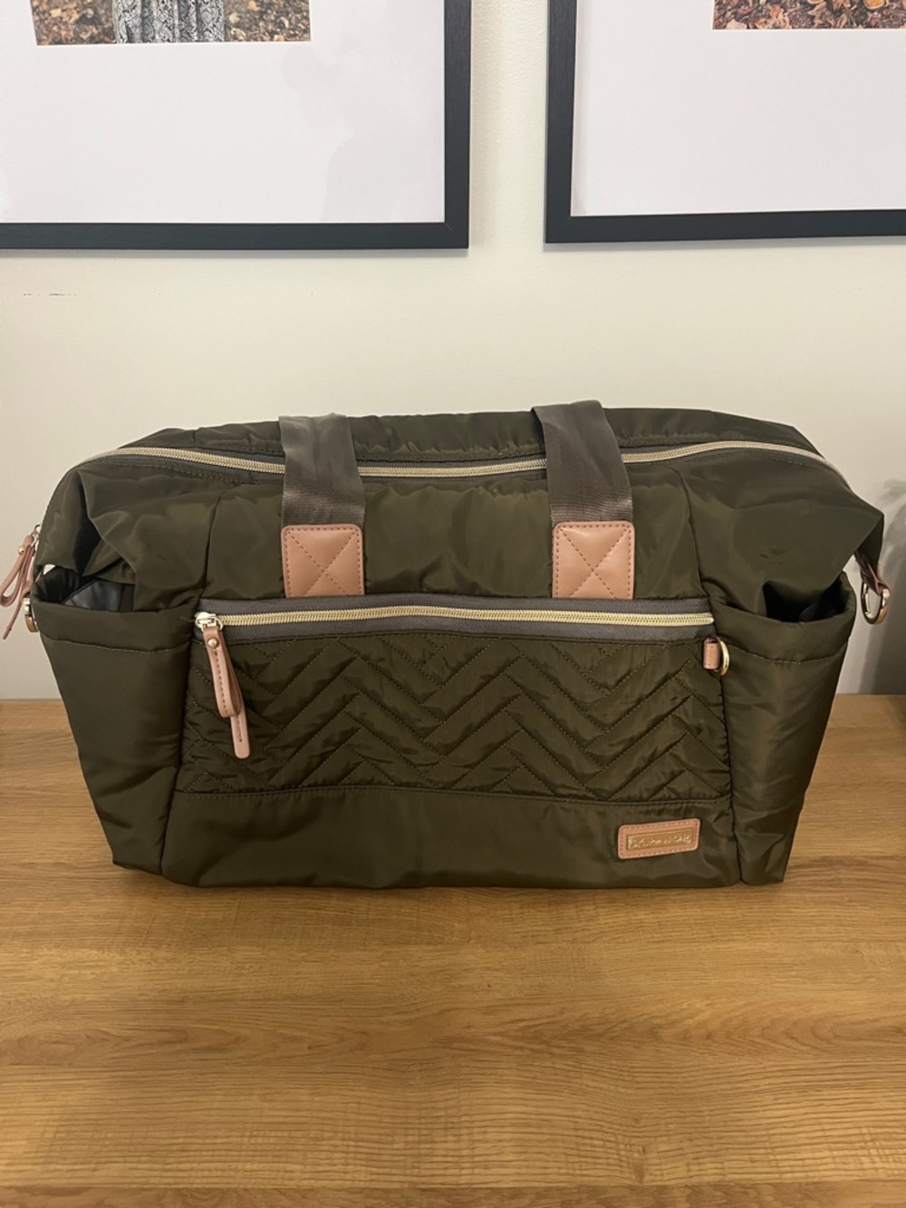 Skip Hop - Olive Green Quilted Baby Diaper Bag with Tan Accents